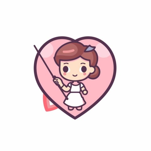 Cute girl holding a stick in the shape of a heart. Vector illust