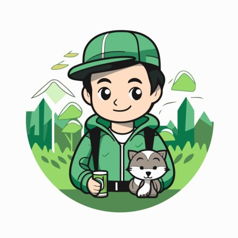 Cute boy with a cat in the park. Vector illustration.