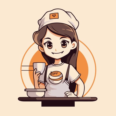 Cute little chef girl holding a cup of coffee. Vector illustrati