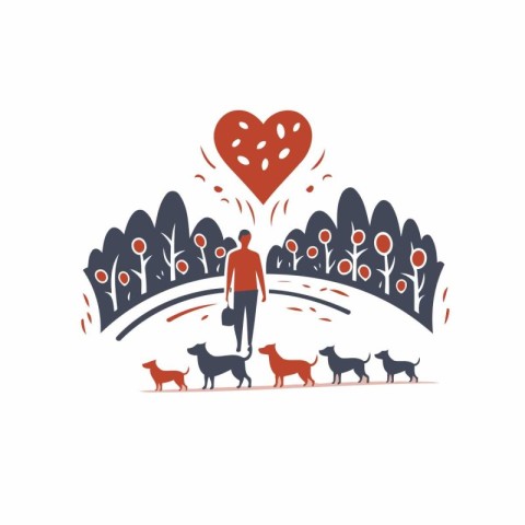 Vector illustration of a girl walking with dogs in the park. Fla