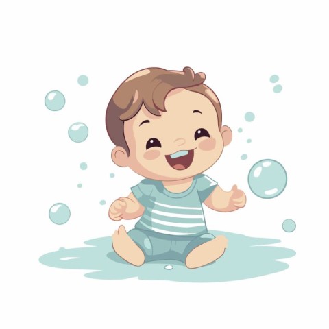 Cute little baby boy playing with soap bubbles. vector illustrat