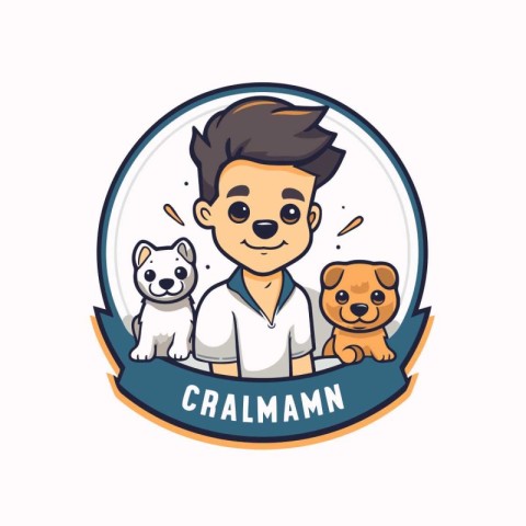 Vector illustration of a boy with a dog in a circle logo.