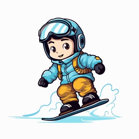 Cartoon skier boy riding a snowboard. Vector illustration.