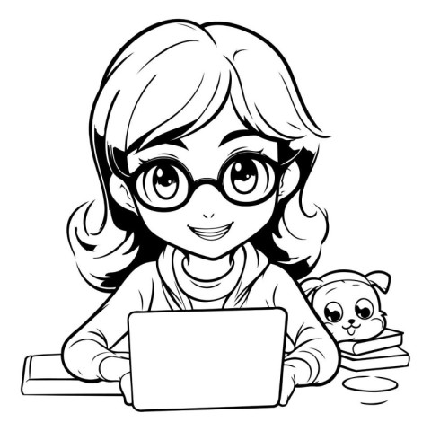 Black and White Cartoon Illustration of Cute Little Girl with La