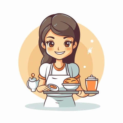 Cute girl in apron holding plate with breakfast. Vector illustra