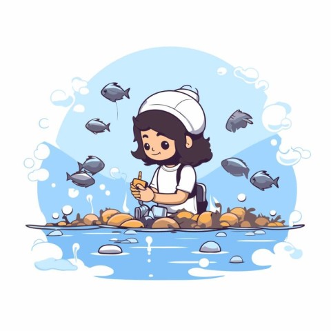 Cute little girl playing with fish in the sea. Vector illustrati