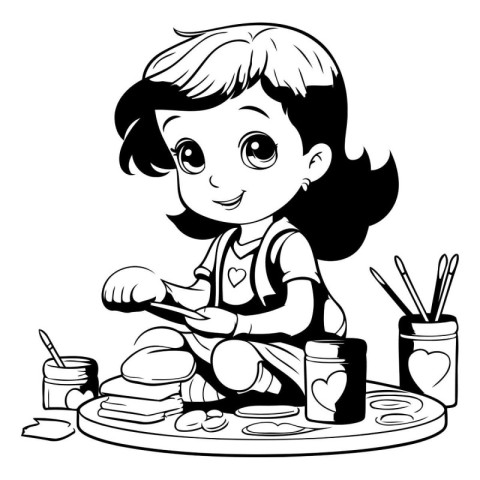 Girl painting a picture in the kitchen - black and white vector