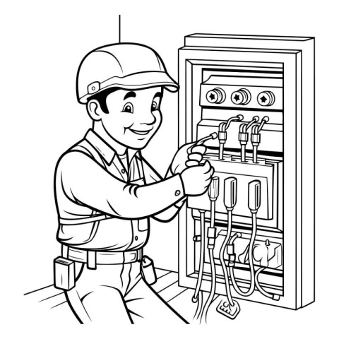 Black and White Cartoon Illustration of Electrician or Technicia