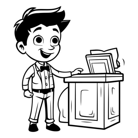 Cartoon boy standing in front of a ballot box. Black and white i