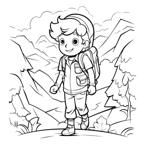 Hiking boy with backpack on the trail. Vector illustration for c