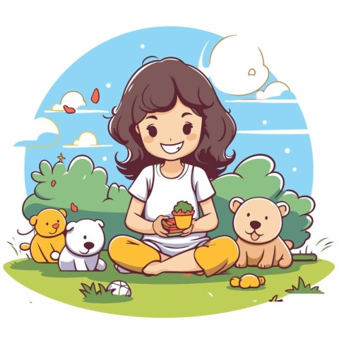 Little girl playing in the park with her teddy bears. Vector ill