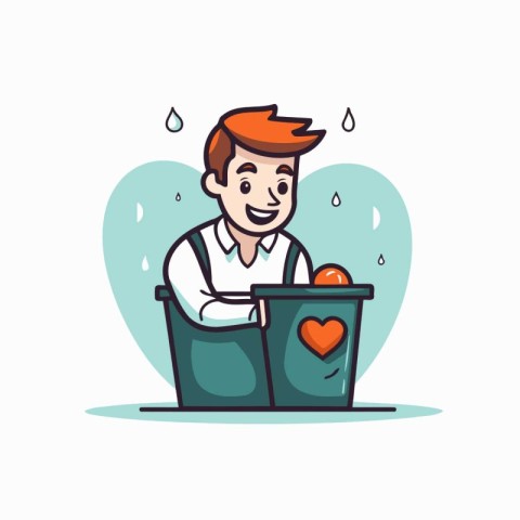 Man sitting in trash can and holding red heart. Vector illustrat