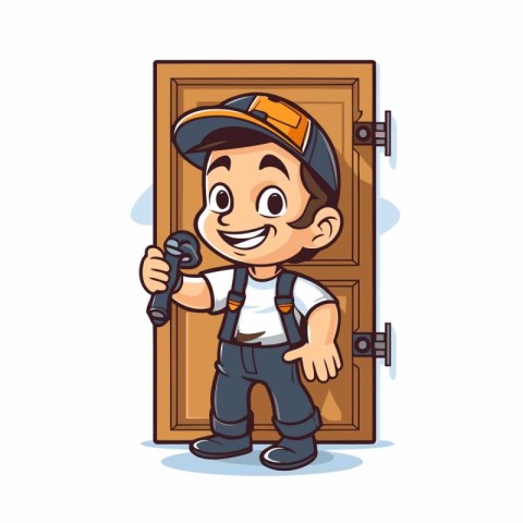 Cartoon handyman standing in front of the door. Vector illustrat