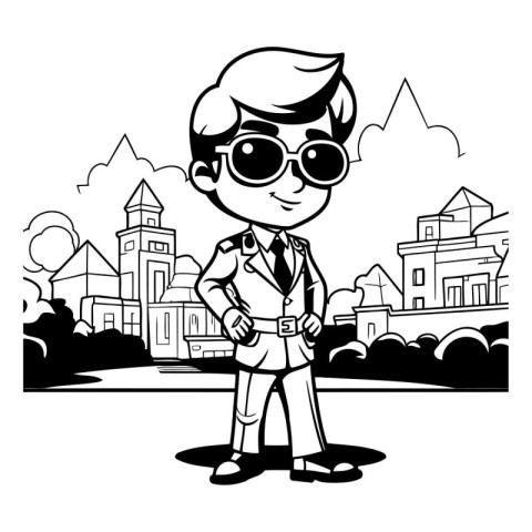 Businessman cartoon in the city. Black and white vector illustra