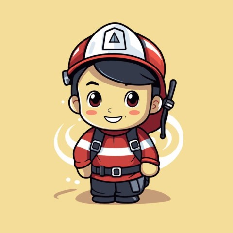 Cute cartoon fireman in uniform and helmet. Vector illustration.