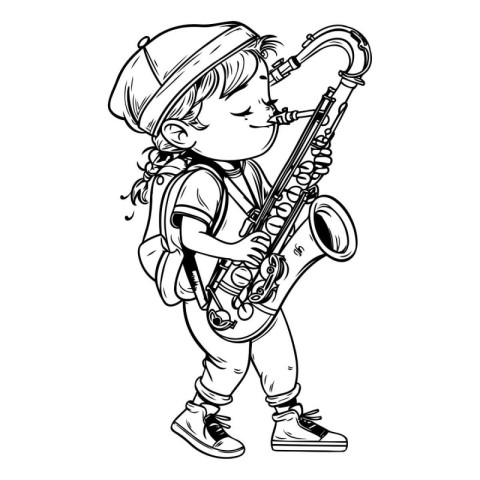 Boy playing saxophone. Black and white vector illustration for c