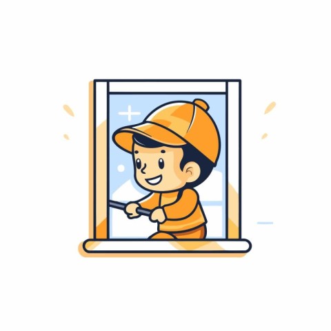 Cute boy in a helmet and gloves looking through the window. Flat