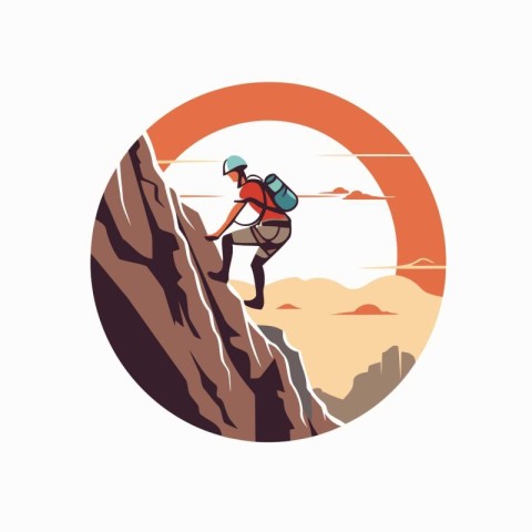 Hiker on the top of a mountain. Vector illustration in retro sty