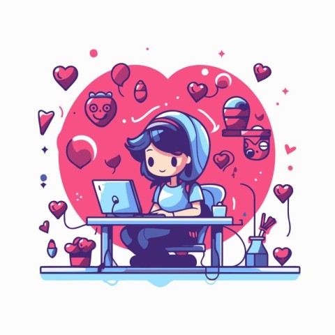 Valentine's day concept. Cute girl working on computer. Vector i