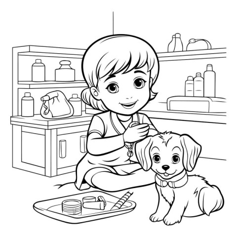 Little boy brushing his dog. Coloring book for kids. Vector illu