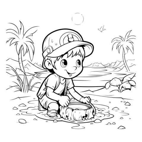 Cute little boy playing on the beach. black and white vector ill