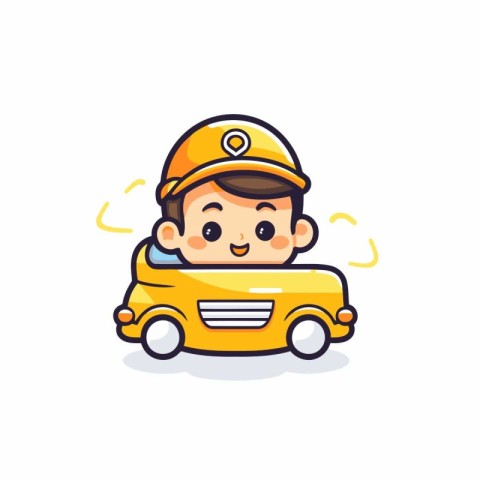 Cute boy driving a yellow car. Isolated vector illustration.