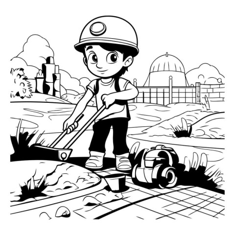 Boy using a scooter to dig a hole in the ground.