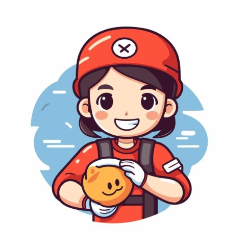 Cute cartoon mechanic girl in uniform holding orange. Vector ill