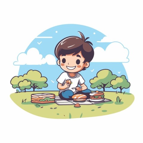 Cute boy having a picnic in the park. Vector illustration.