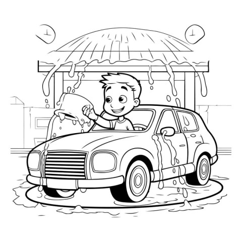 Boy washing his car in the rain. black and white vector illustra