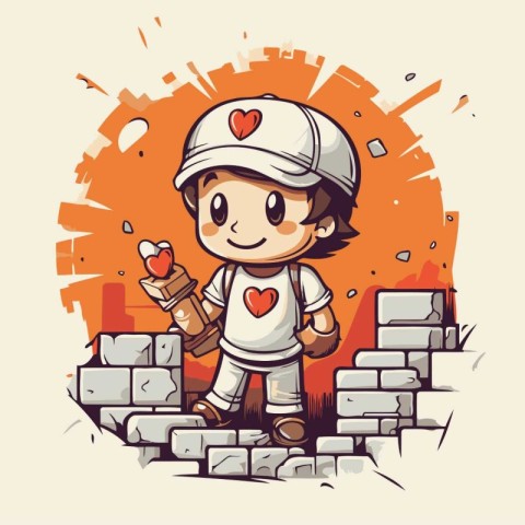 Boy with a hammer and a heart in his hand. vector illustration