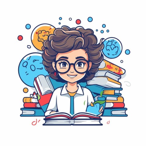 Cute cartoon boy in glasses reading a book. Vector illustration.