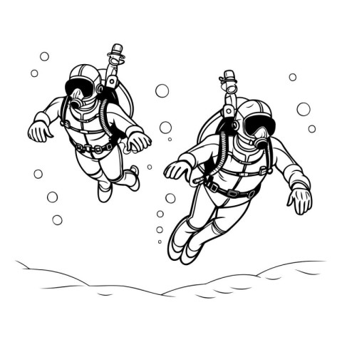 Two scuba divers jumping out of the water. Vector illustration.