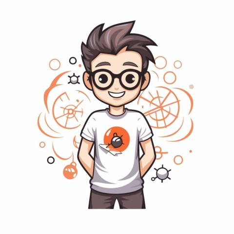 Boy with eyeglasses and science icon over white background. vect