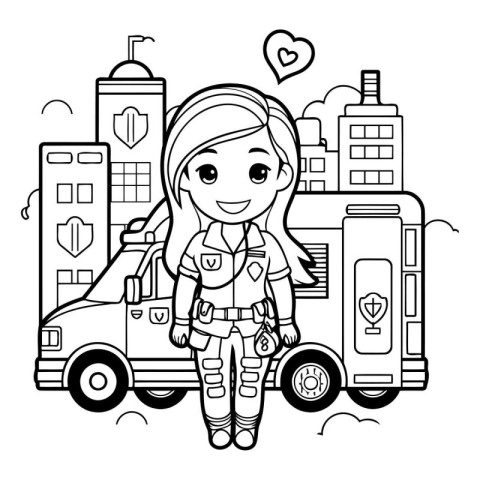 Cute astronaut girl in front of the ambulance. Vector illustrati