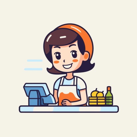 Vector illustration of a cute cartoon girl cooking in the kitche