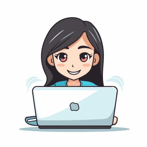 Cute girl using laptop computer. Vector illustration in cartoon