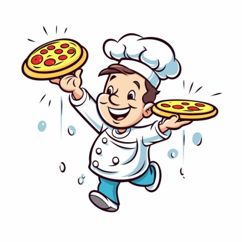 Chef with pizza cartoon vector illustration isolated on a white