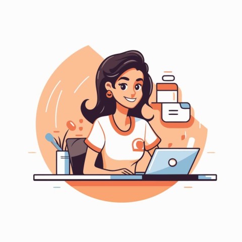 Young woman working on laptop at home. Vector illustration in ca