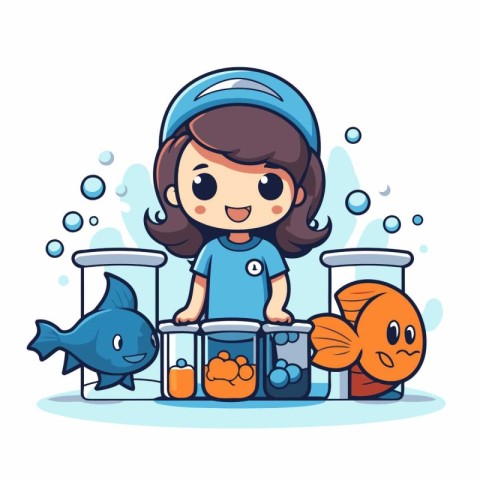 Cute little girl playing with fishes in aquarium cartoon vector