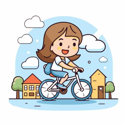 Girl riding bicycle in the city. Cute cartoon style vector illus