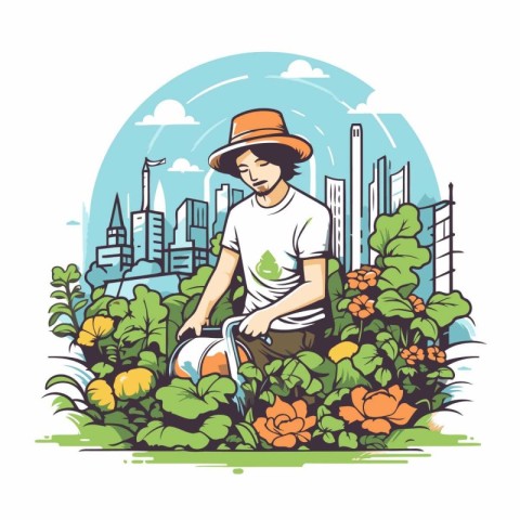 Vector illustration of a farmer with a pumpkin on the background