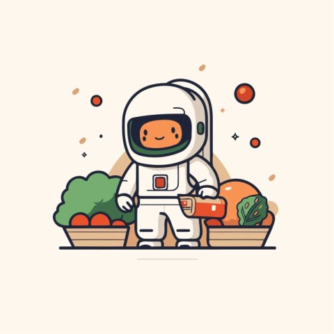 Astronaut in space suit with a box of vegetables. Vector illustr