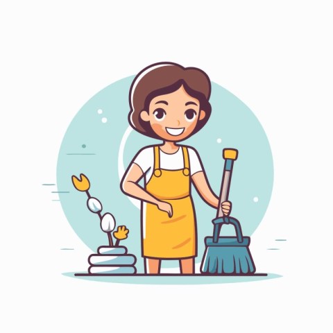 Cute little girl cleaning the house. Vector illustration in cart