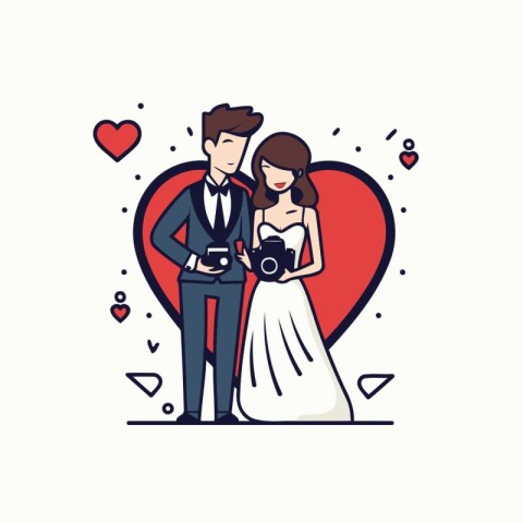 Wedding couple in love. Vector illustration in thin line style