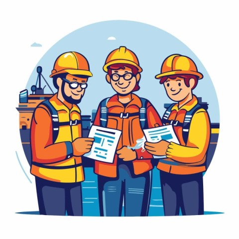 Construction workers team. Vector illustration in cartoon style