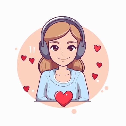 Cute girl with headphones and heart. Vector illustration in cart