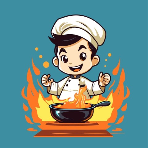 Chef cooking in a pot on fire. Vector cartoon illustration.