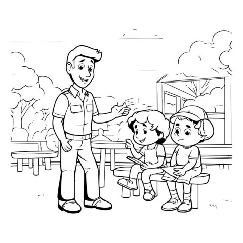 Father and two children playing in the park. black and white vec