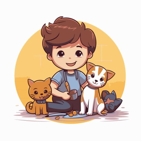 Cute little boy playing with cat and dog vector illustration gra